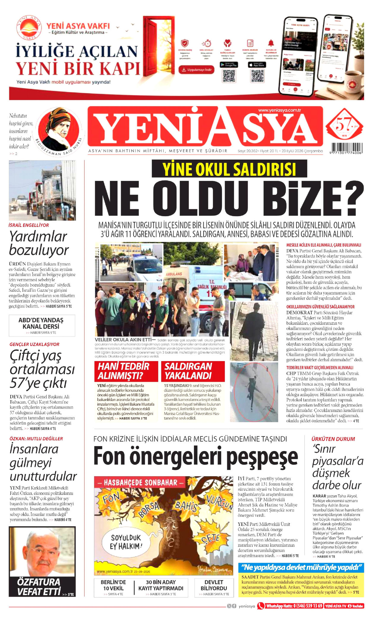 Yeni Asya Gazetesi gazetesi manşeti