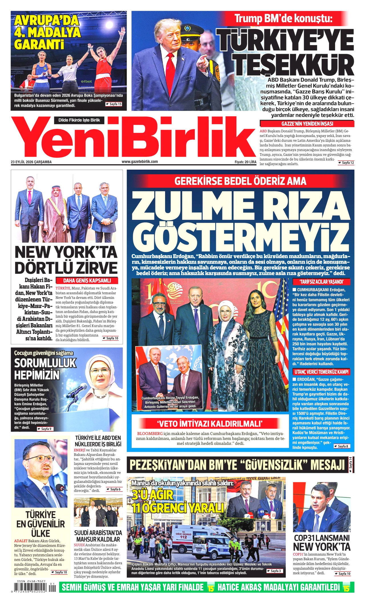 YeniBirlik Gazetesi gazetesi manşeti